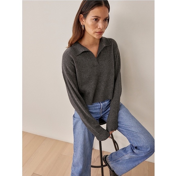 Reformation Sweaters - REFORMATION 90s Charcoal Grey Recycled Cashmere Collared Polo Cropped Sweater XS
